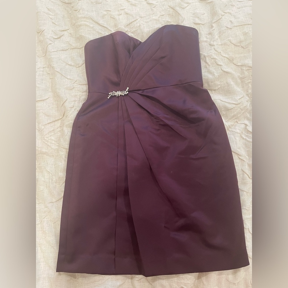 David’s Bridal strapless dress, size 8, purple/plum with sparkle brooch.